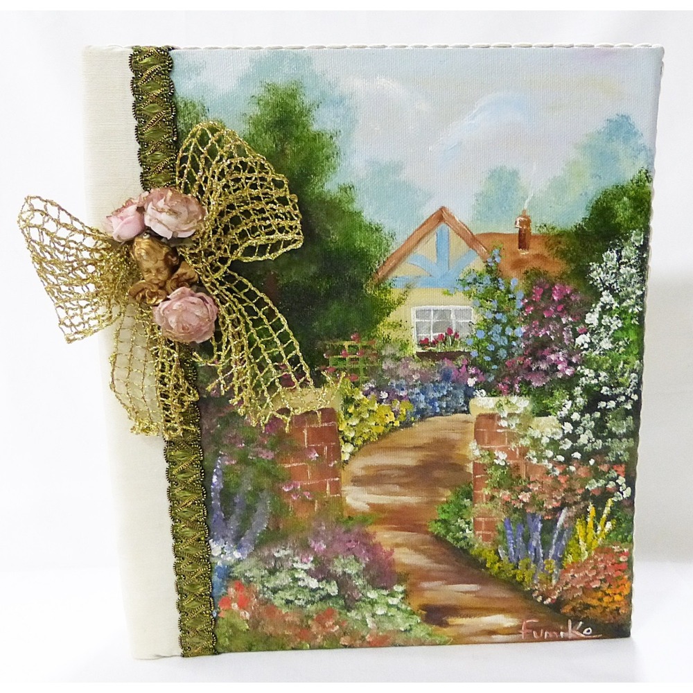 Vtg Handmade photo album landscape oil painting fabric cover sign fumiko